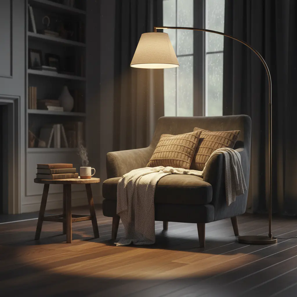 Cozy reading corner with warm light