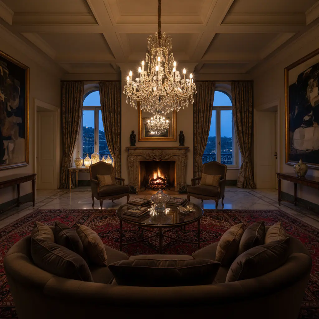 Cinematic luxury living room with warm lighting